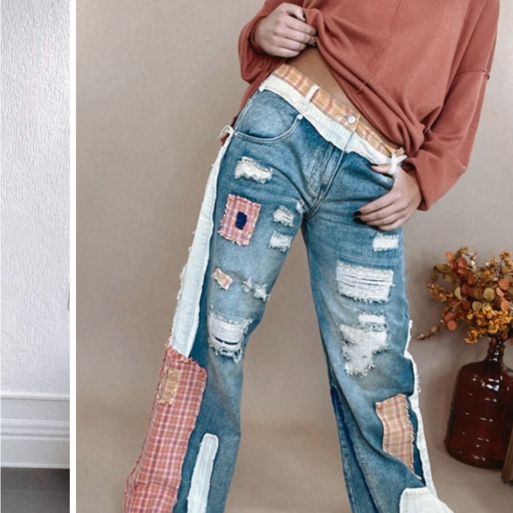 Oli + Hali Blue Flare Wide Leg Jeans with Distressing and Patchwork